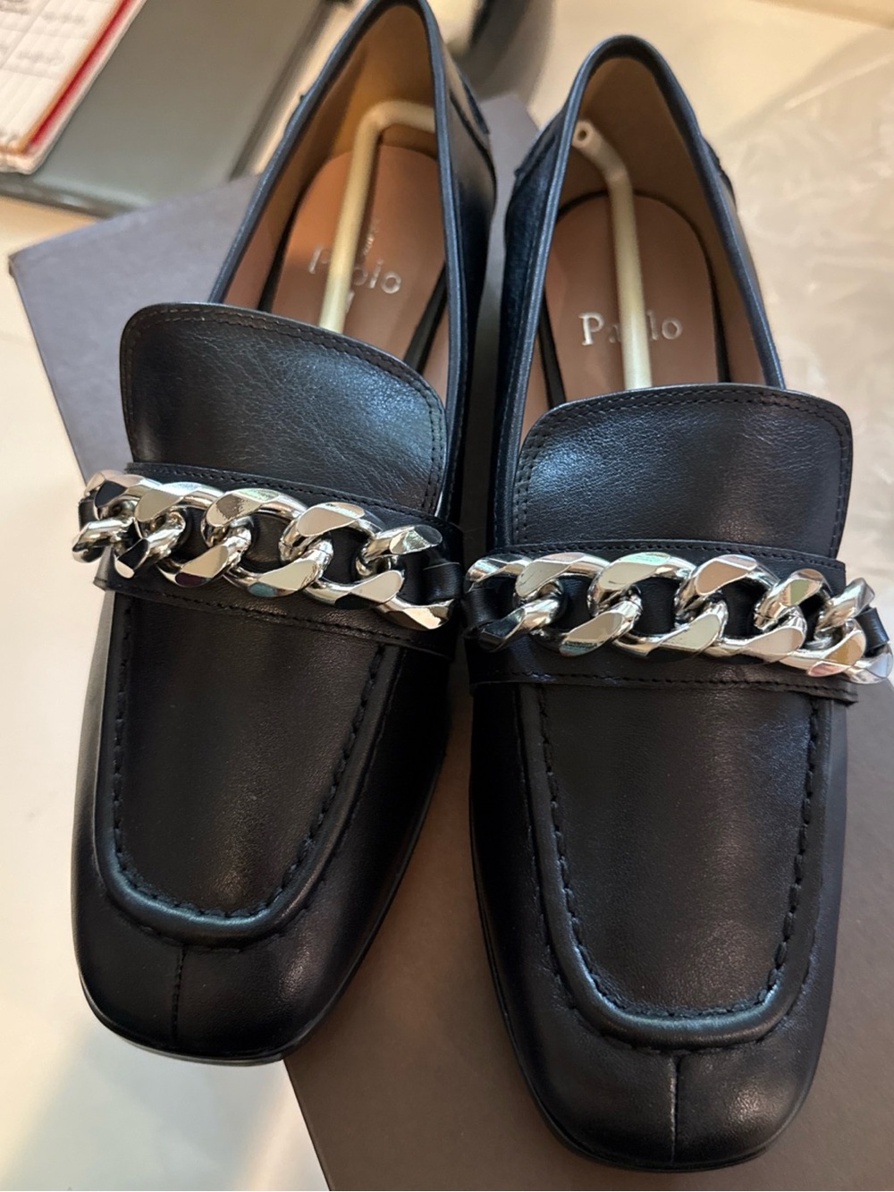 Polo by Ralph Lauren Black Leather Loafers with Silver Chain